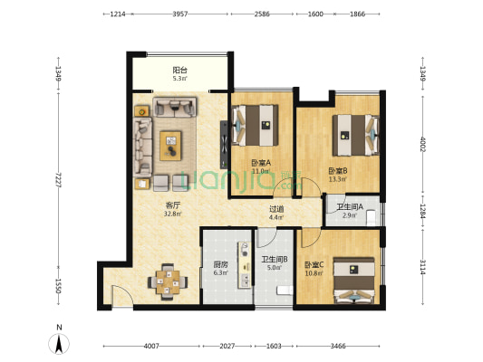 上海大道476号 3室1厅2卫 121平方