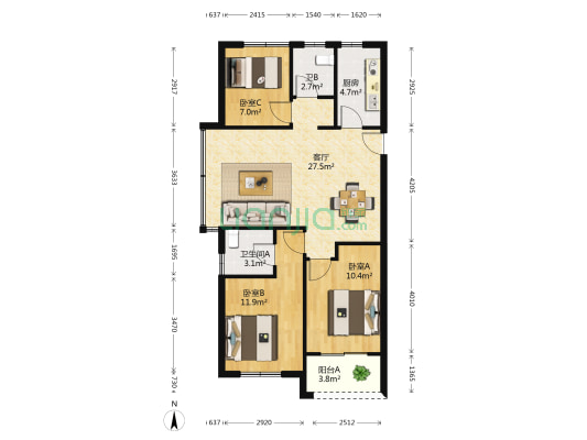 东亚左岸嘉园 3室1厅2卫 88平方