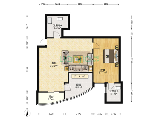 国森大厦 1室1厅2卫 104平方
