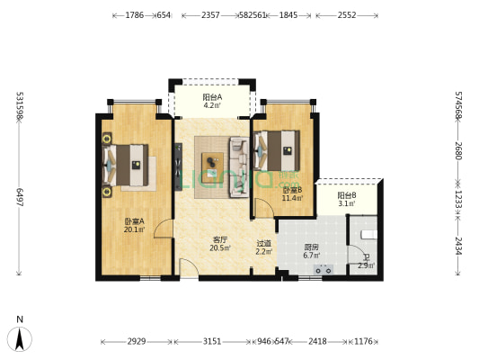 雅喻轩 2室1厅1卫 89平方