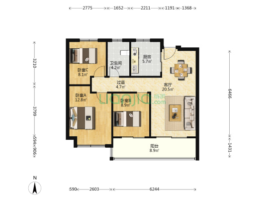 世茂璀璨睿湾 3室1厅1卫 96平方