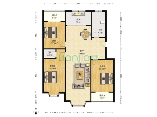 世纪花园 3室1厅2卫 150平方