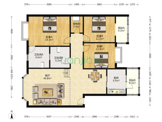 金秋家园1 3室1厅2卫 129平方