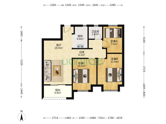 龙湖花千树二期 3室1厅1卫 93平方
