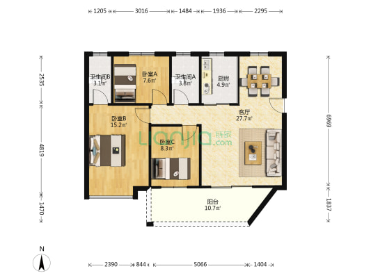 城市绿兴 3室1厅2卫 98平方