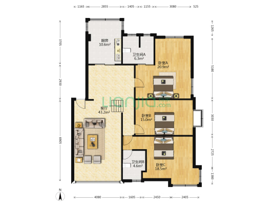 中豪花园 3室1厅2卫 138平方