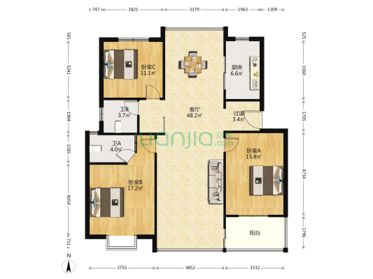 汇金新城 3室1厅2卫 122平方