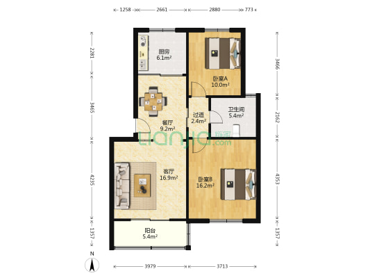 秦峰花园一村 2室2厅1卫 87平方