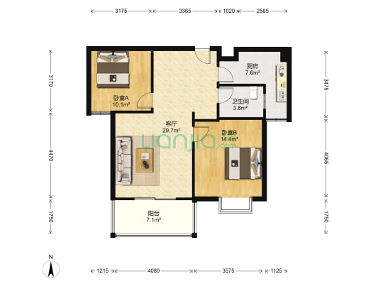 苏豪名邸 2室1厅1卫 87平方