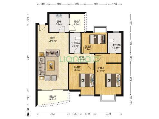 瀚恩阳光 3室1厅2卫 110平方