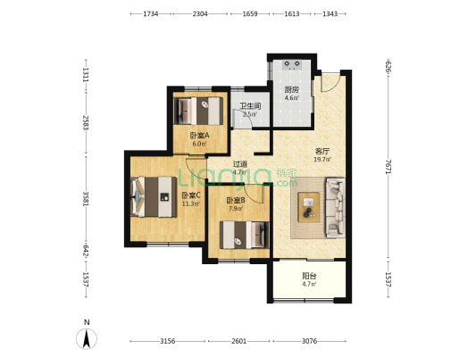 花港鸿福城叠水园 3室1厅1卫 86平方