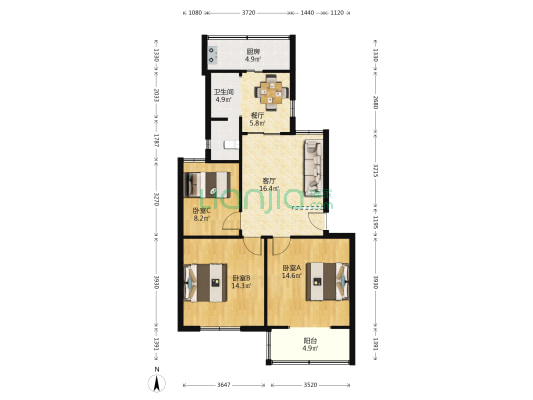南理工紫园小区 3室2厅1卫 82平方