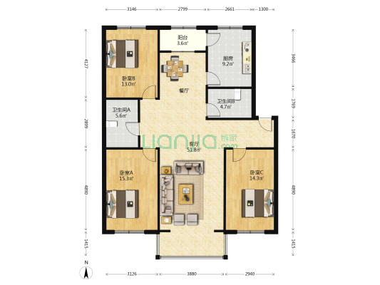 东电贰小区 3室1厅2卫 145平方