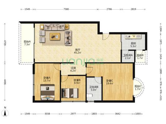 德惠园 3室1厅2卫 132平方
