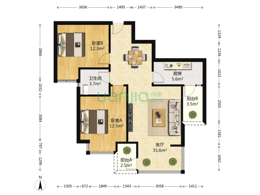 香廷一号小区 2室1厅1卫 78平方