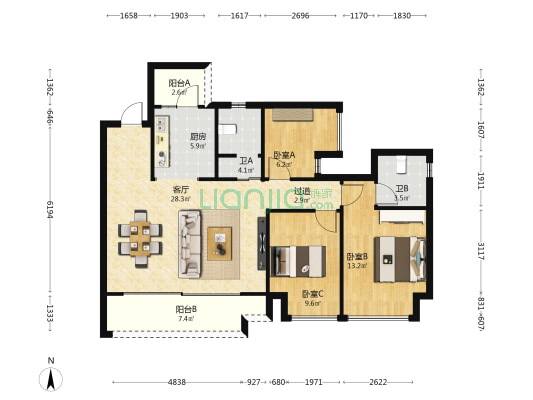 龙湖焕城汐林 3室1厅2卫 99平方