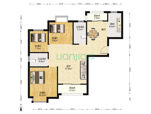 东津世纪城15区上和院 3室1厅2卫 117平方
