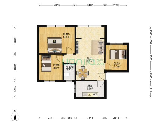 都市花园中路 3室1厅1卫 77平方