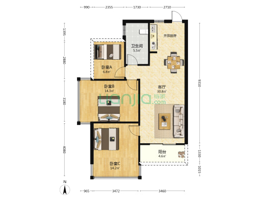 顺峰山水院子 3室1厅1卫 88平方