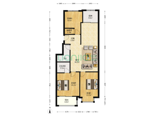 新浦小区 3室1厅2卫 110平方