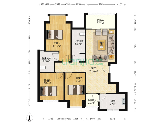 仁中风华二期 3室1厅2卫 93平方