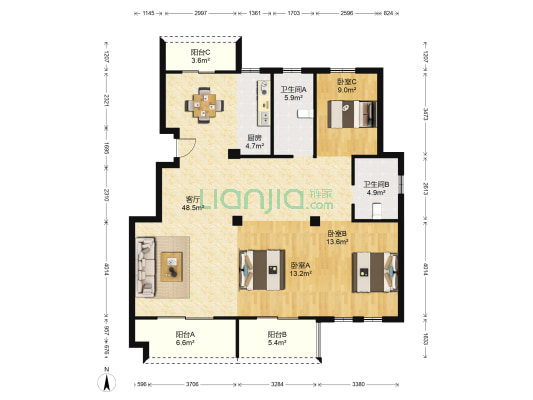 金陆田园 3室1厅2卫 133平方