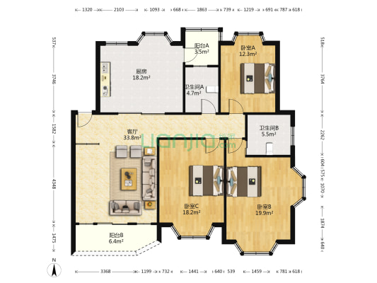 西湖花园 3室1厅2卫 135平方