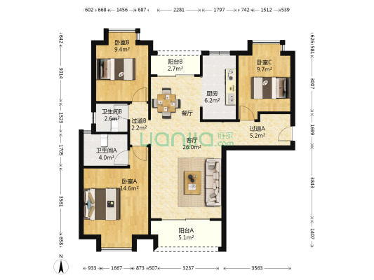 龙湖嘉誉一期 3室1厅2卫 113平方