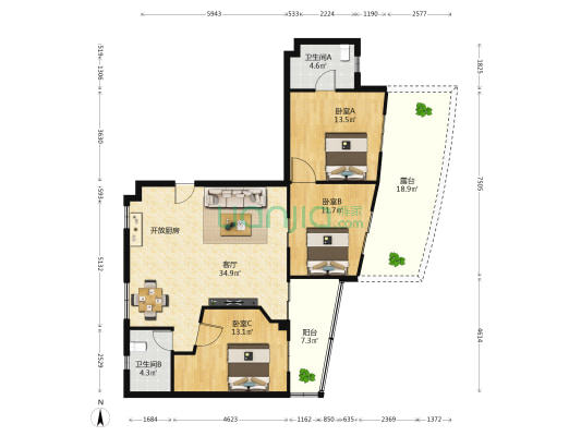 祥和广场 3室1厅2卫 126平方
