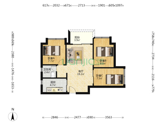 品实·云湖花城 3室1厅1卫 67平方