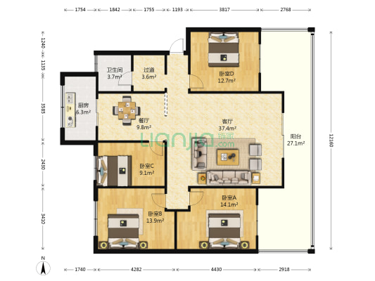 月牙塘小区四组团 4室2厅1卫 99平方