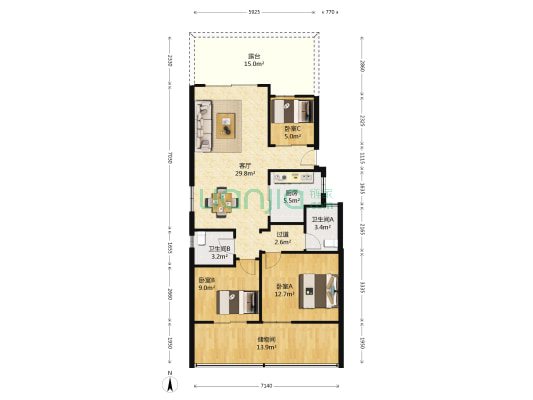 祈福新村C区 3室1厅2卫 91平方