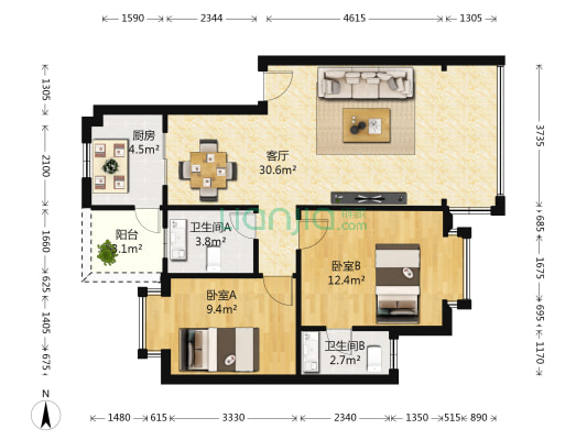 大信新都花园 2室1厅2卫 83平方