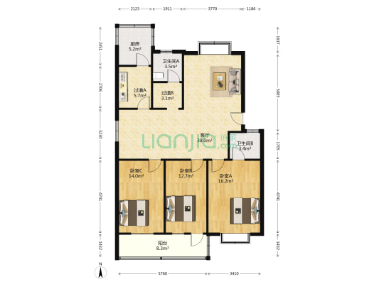 自由新村 3室1厅2卫 137平方