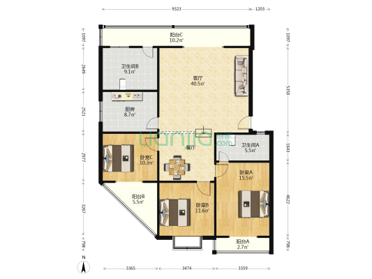 和谐家园 3室1厅2卫 133平方