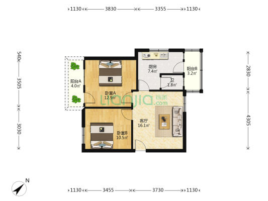 芦笛路43号 2室1厅1卫 64平方