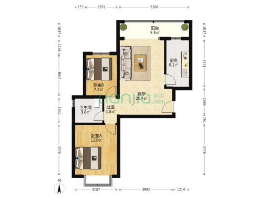恒大御景湾中区 2室1厅1卫 88平方