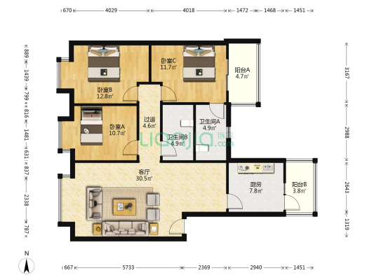 丰庭苑 3室1厅2卫 110平方