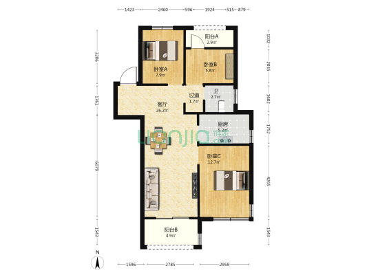 绿都青云赋景明苑 3室1厅1卫 89平方