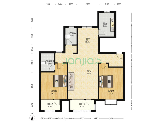 香邑溪谷玫瑰园洋房，一梯两户，毛坯随意装修。-户型图