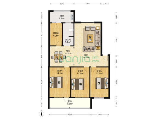 地质局家属院 3室2厅1卫 126平方