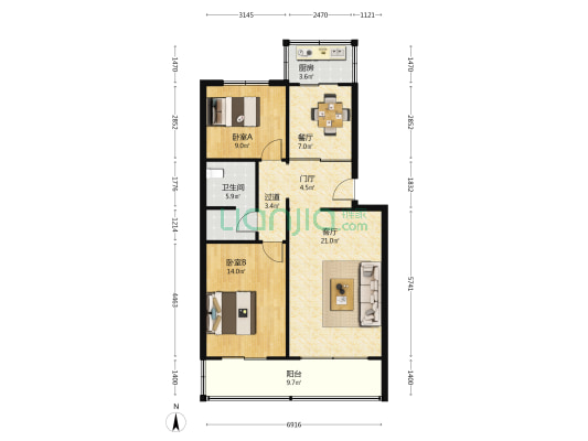 光明西道208号 2室2厅1卫 97平方