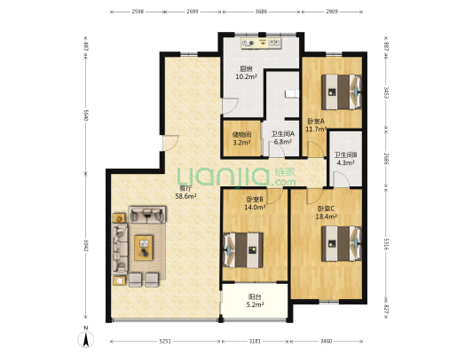 锦华苑(即墨) 3室1厅2卫 91平方