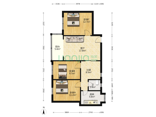 花园六村 3室1厅1卫 91平方