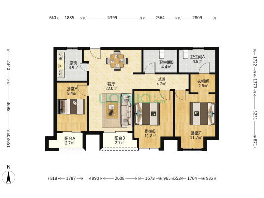 蓝宝湖畔晓风 3室1厅2卫 110平方