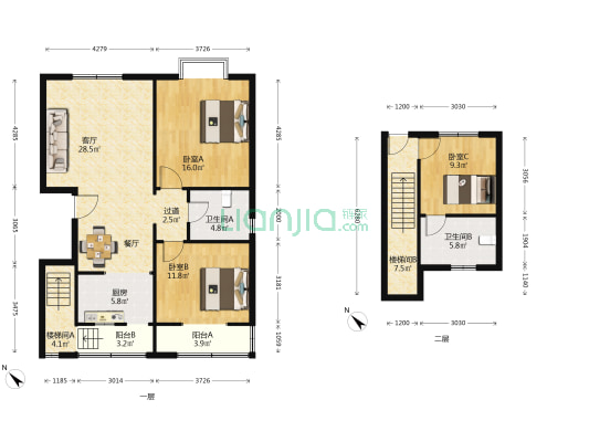 粼江枫景安置区第一小区 3室1厅2卫 121平方