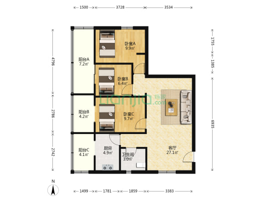 五一路96号 3室1厅1卫 102平方