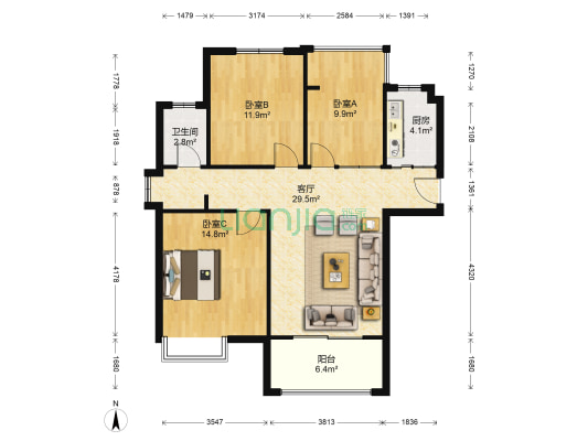 龙香苑 3室1厅1卫 99平方