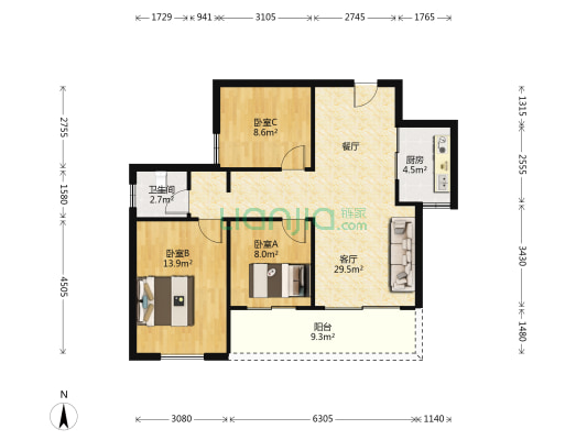 浩创酌悦 3室1厅1卫 100平方