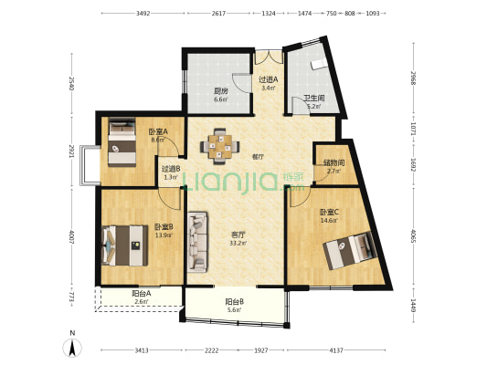 中房名城 3室1厅1卫 127平方